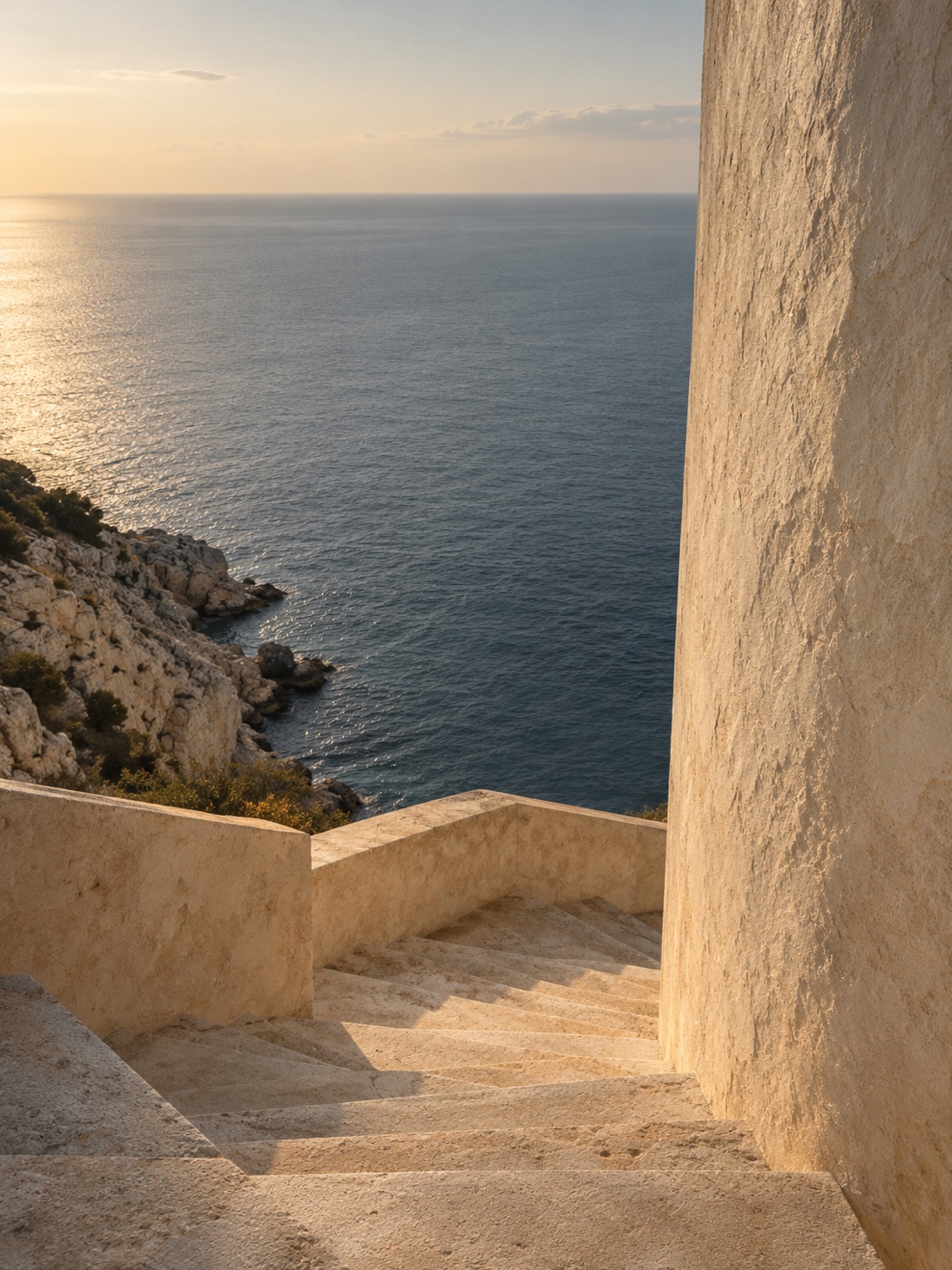 Sunlit stone steps overlooking a quiet sea, an illustrative coastal scene